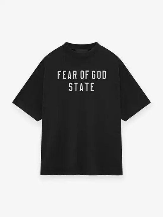 Fear of God Essentials Collection black heavy crewneck tee showcasing front design 'FEAR OF GOD STATE', premium quality fabric.