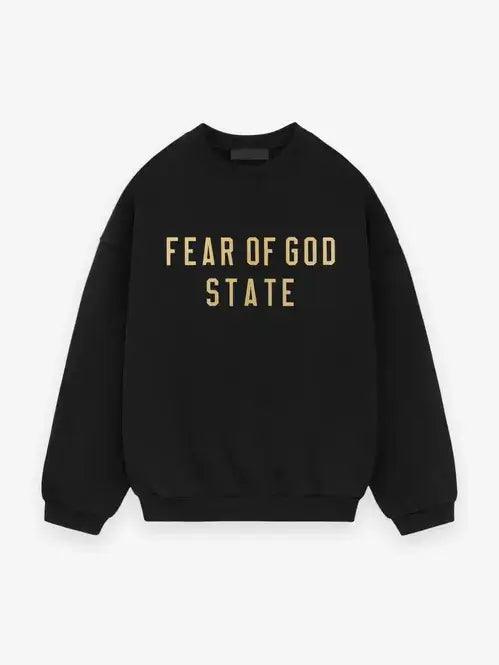 Essentials Fleece Crewneck Top in black featuring bold 'FEAR OF GOD STATE' text style.