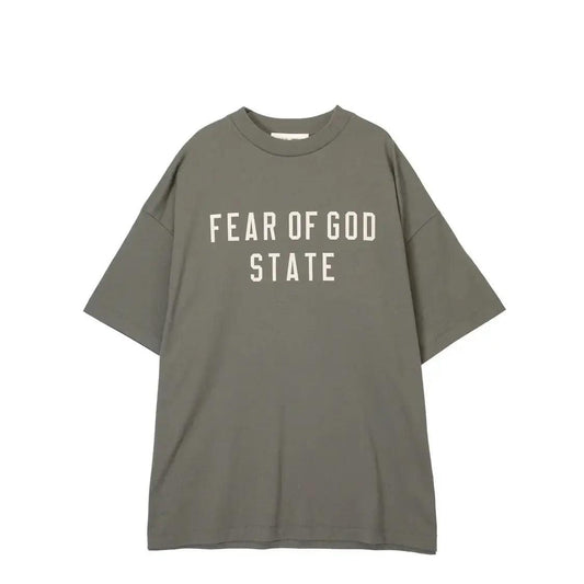 Essentials Fear of God (Gray) oversized t-shirt featuring 'FEAR OF GOD STATE' printed in bold white letters.
